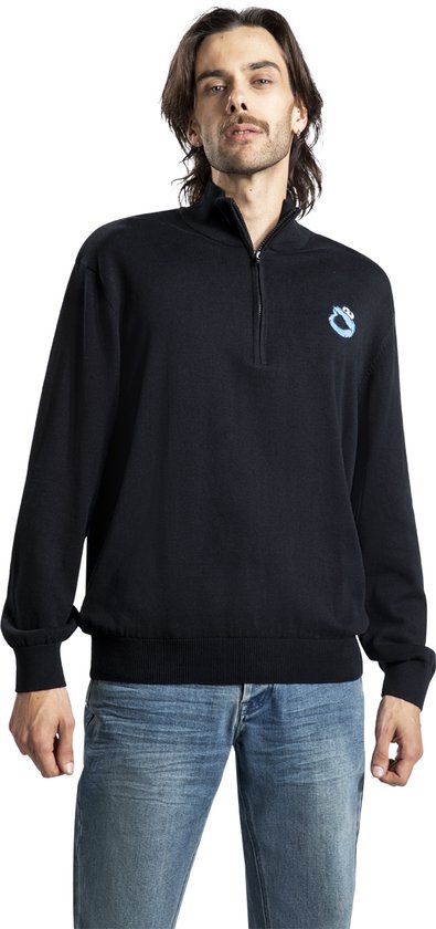 Zwarte gebreide trui met ritssluiting, ronde hals en een geborduurd Cookie Monster-logo op de borst.