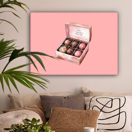 Canvas schilderij 80x60 cm - Exclusieve wanddecoratie Doosje - Bonbons - Liefdevolle - Tekst - Muurdecoratie woonkamer - Slaapkamer decoratie - Kamer accessoires - Schilderijen op canvas - Moederdag cadeautje - Cadeau voor mama