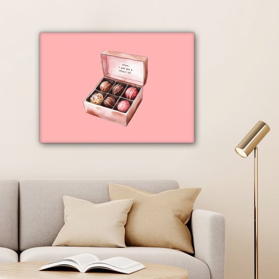 Canvas schilderij 80x60 cm - Exclusieve wanddecoratie Doosje - Bonbons - Liefdevolle - Tekst - Muurdecoratie woonkamer - Slaapkamer decoratie - Kamer accessoires - Schilderijen op canvas - Moederdag cadeautje - Cadeau voor mama
