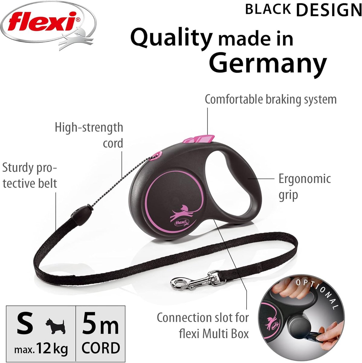 Flexi Black Design Cord Pink Medium 5m Retractable Dog Leash/Lead for dogs up to 20kgs/44lbs — cadeau in Cadeau-ideeën - foto 3