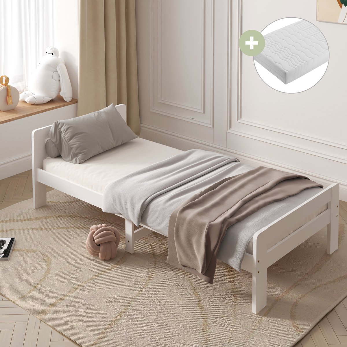 Sunny Olla Kinderbed – Kinderbed 200 x 90 – 205,5 x 98 x 61 cm – Peuterbed Meisjes en Jongens – FSC 100% Hout – Met Lattenbodem –Inclusief Matras – Wit