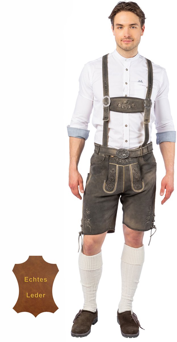 Lederhose Stone Grey Heren Echt Leer - Maat 54