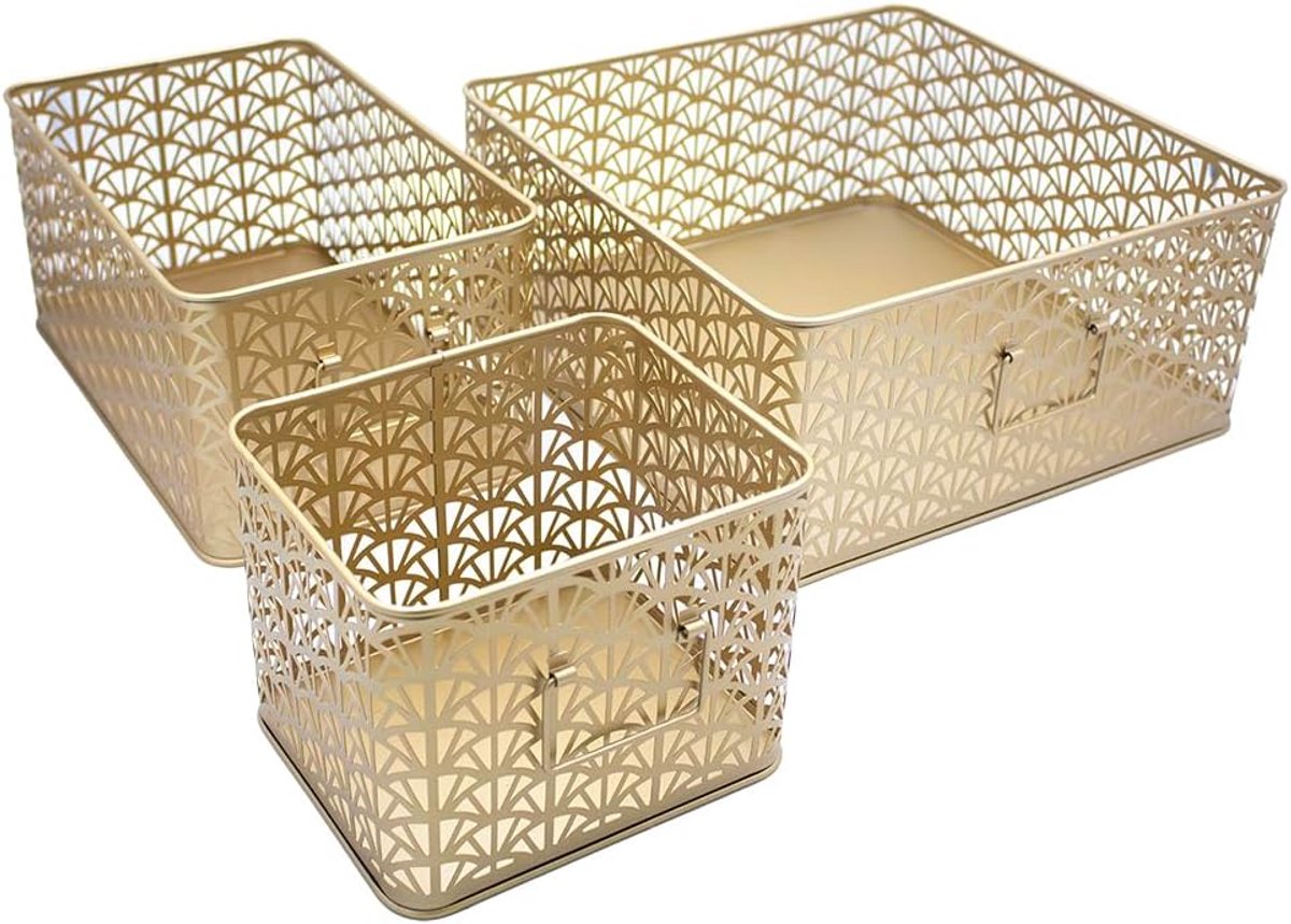 Set van 3 rechthoekige metalen opbergmanden met rieten motief voor keuken en woonkamer