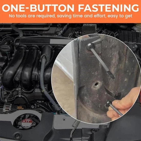 Motorruimte met de tekst 'ONE-BUTTON FASTENING'.