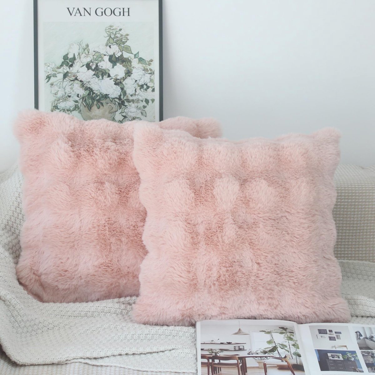 Azomor® Set van 2 decoratieve kussenhoezen 40x40 cm in zacht roze kunstbont