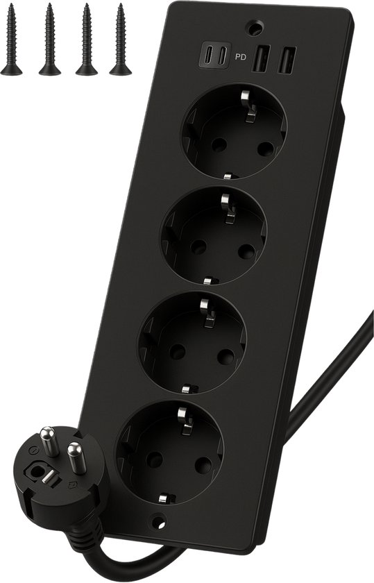 StayPowered Inbouw Stekkerdoos - Slim en Ruimtebesparend - 4 Stopcontacten - 2 USB-A - 2 USB-C - 2m Kabel - Eenvoudige Installatie - Verzonken Design - Geschikt voor Kantoor en Thuis - Zwart - Levering Sneller dan Aangegeven!