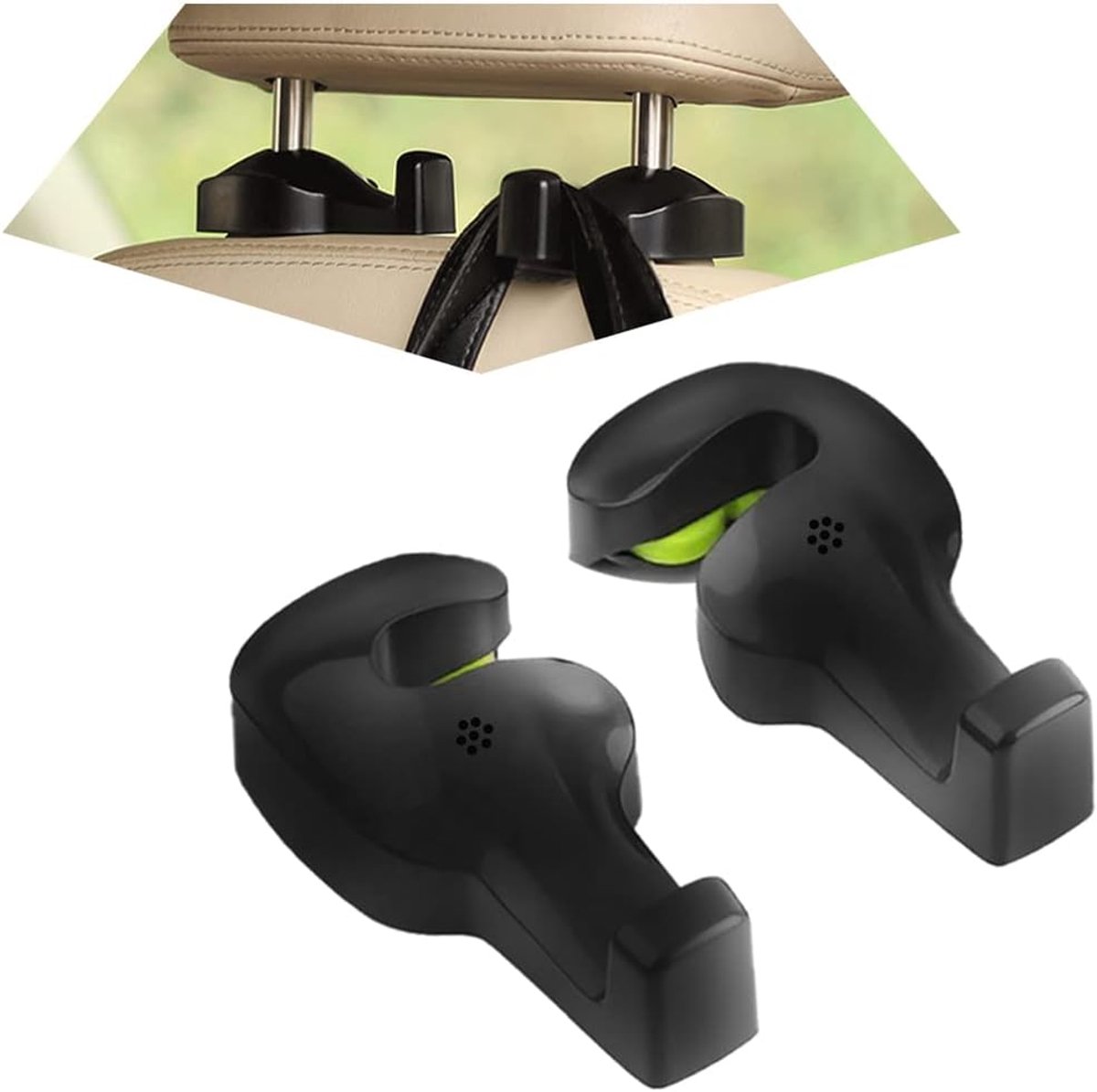Image of 2 stuks 360 graden rotatie verborgen autohaken - autohoofdsteunhaken - universele autos-achterbankhaken voor boodschappentas, tas, kleding, handtas (zwart)