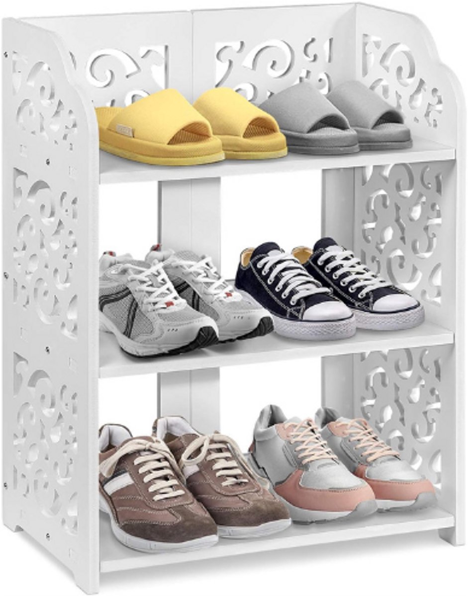 BOG Schoenenkast Wit Barokstijl – Schoenenrek Met 3 Lagen – Compact Schoenenmeubel 40x23x51 cm – Klassiek Design