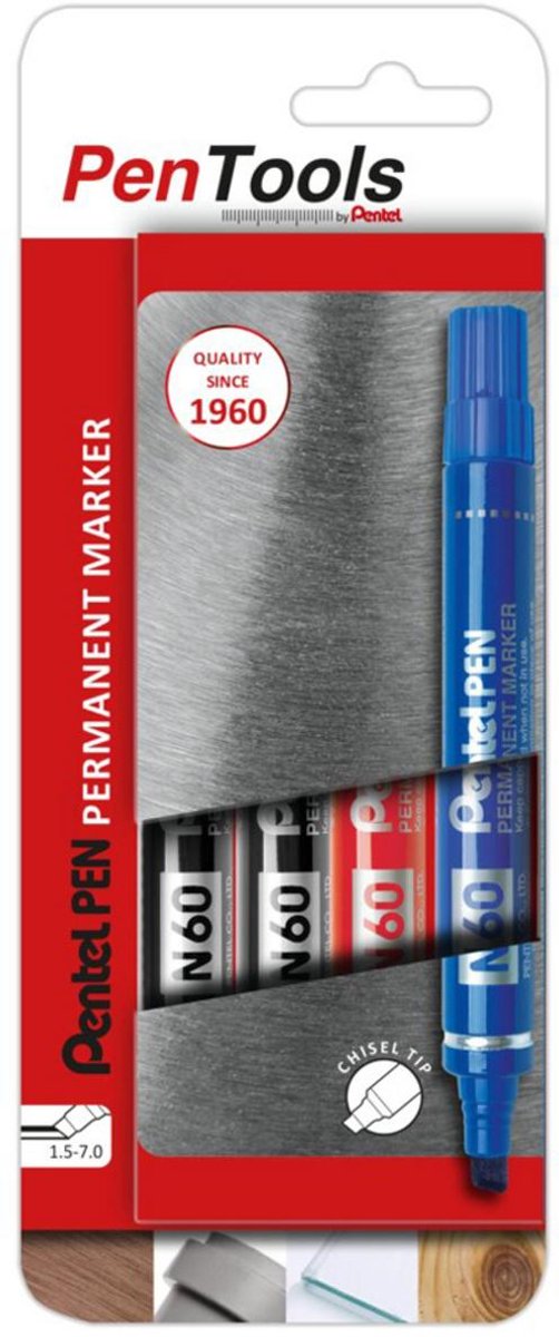 Pentel permanente markers met wigpunt, 4 stuks, diverse kleuren