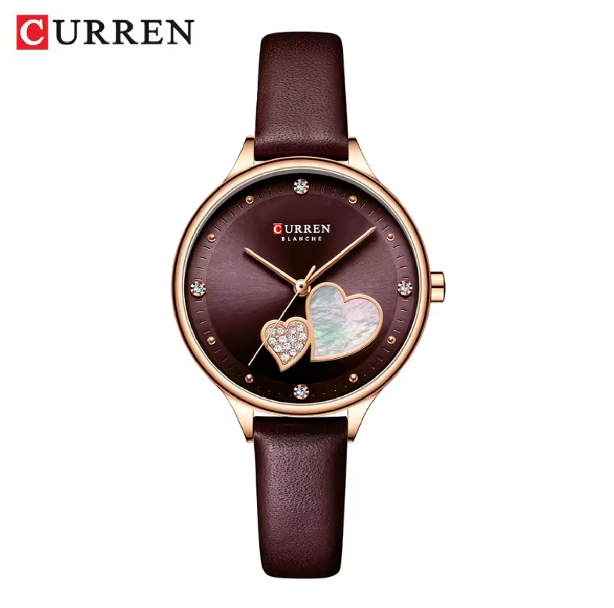 CURREN Horloge 9077 - Rosékleurig-Paars - Dames - Quartz - Diamant Wijzerplaat - Lederen Band - Elegant en Waterbestendig