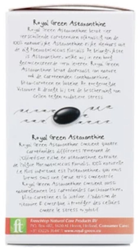 Achterkant van de doos met informatie over Royal Green Astaxanthine in het Nederlands en Frans.