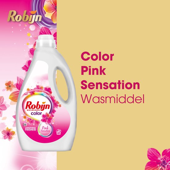 Bouteille rose de lessive Robijn Color Pink Sensation sur fond jaune ensoleillé, à côté de texte violet.