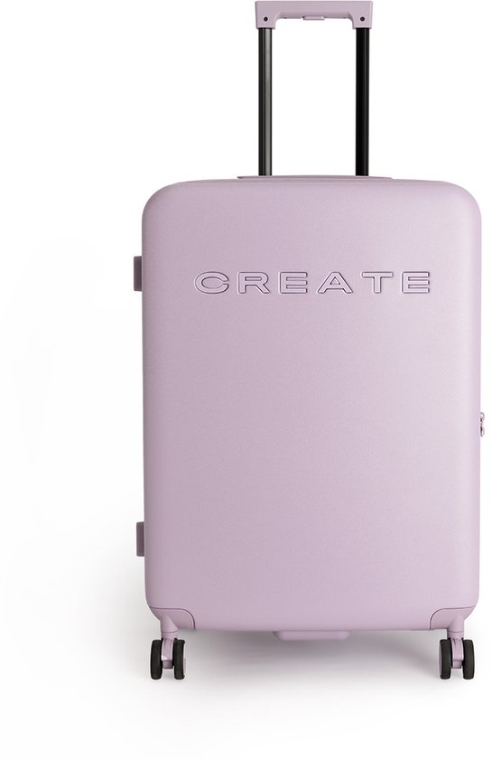 Lichtpaarse, rechthoekige koffer met uitschuifbaar handvat, 'CREATE' logo en vier wielen.