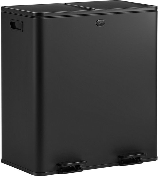 Prullenbak HÜSQ 60 L (2 x 30 L) – Édition Full Black – Poubelle à fermeture amortie en acier inoxydable – Tri des déchets – Zwart