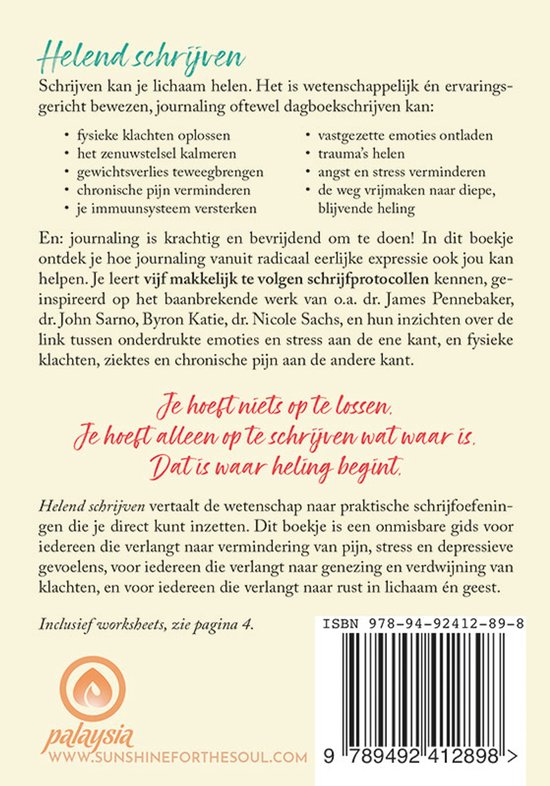 Boekomslag: 'Helend schrijven'. De tekst beschrijft de voordelen van schrijven voor genezing. Met ISBN en barcode.
