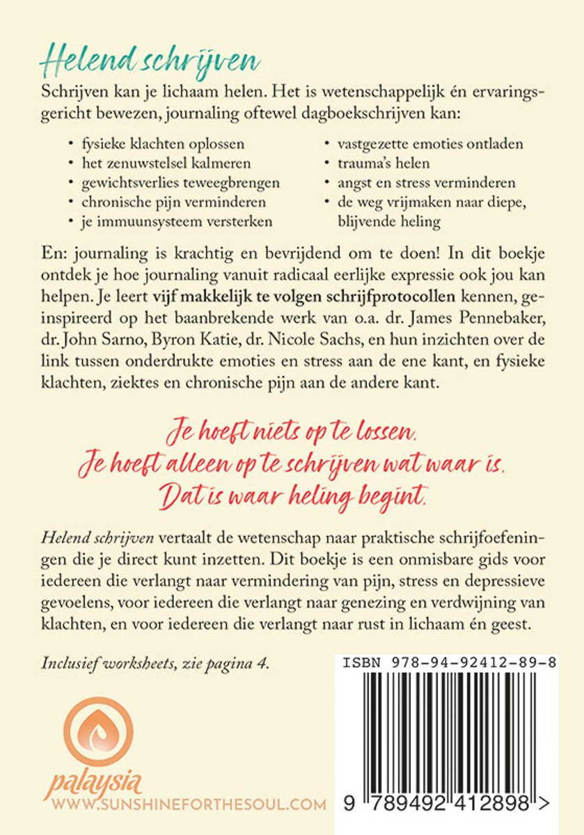 Boekomslag: 'Helend schrijven'. De tekst beschrijft de voordelen van schrijven voor genezing. Met ISBN en barcode.