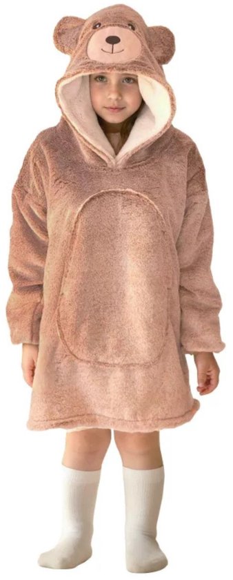 Bruine fleecedeken met teddybeer-capuchon, met een rond buidelzakje op de voorkant.