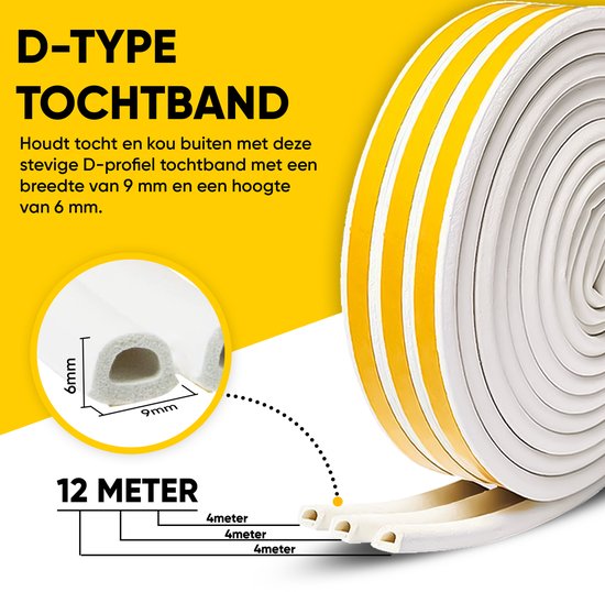 Rol witte D-profiel tochtband met gele strepen. Detailfoto toont afmetingen 9mm breed, 6mm hoog. Tekst "D-TYPE TOCHTBAND 12 METER".