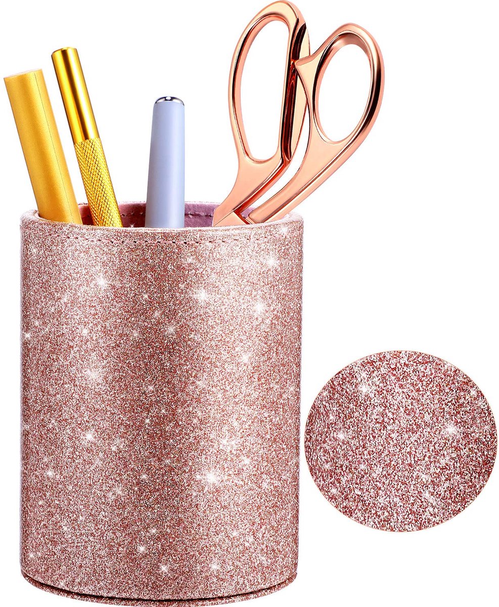 Organizer voor Pennen, Potloden en Make-up Kwasten - Glanzend PU Leer - Voor bureau, kantoor en thuis - Roségoud