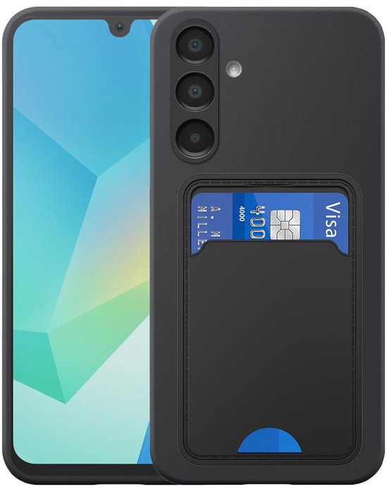 Zwart telefoonhoesje voor Samsung Galaxy A16 met pasjeshouder en een scherm met geometrisch patroon.