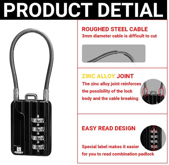 Cadenas à Câble - Non spécifié - Rétractable - 41 cm - Combinaison