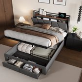 Tweepersoons Opbergbed 160x200 cm | 2 Laden Bedvoet, USB & LED Verlichting | Linnen Donkergrijs, Gasveer