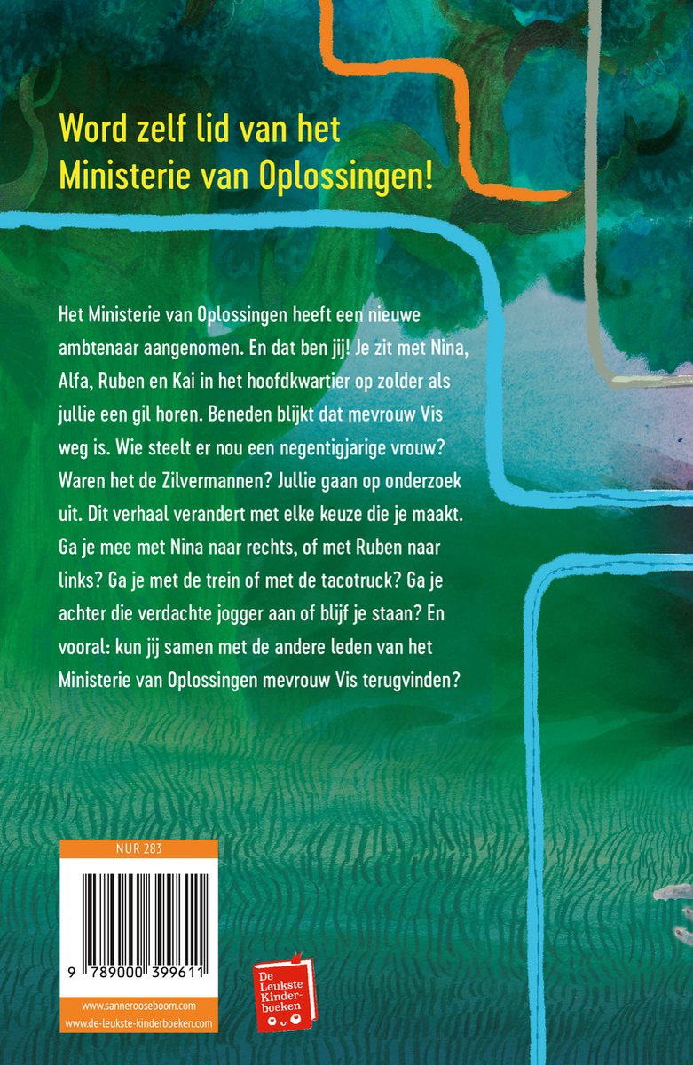 Achterkant boek met tekst over "Het Ministerie van Oplossingen" en een streepjescode.
