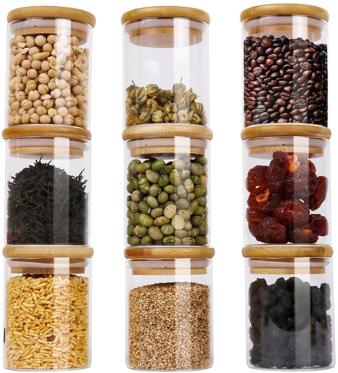 Mini Kruidenpotjes - Set van 9 - Glazen - Bamboe deksel