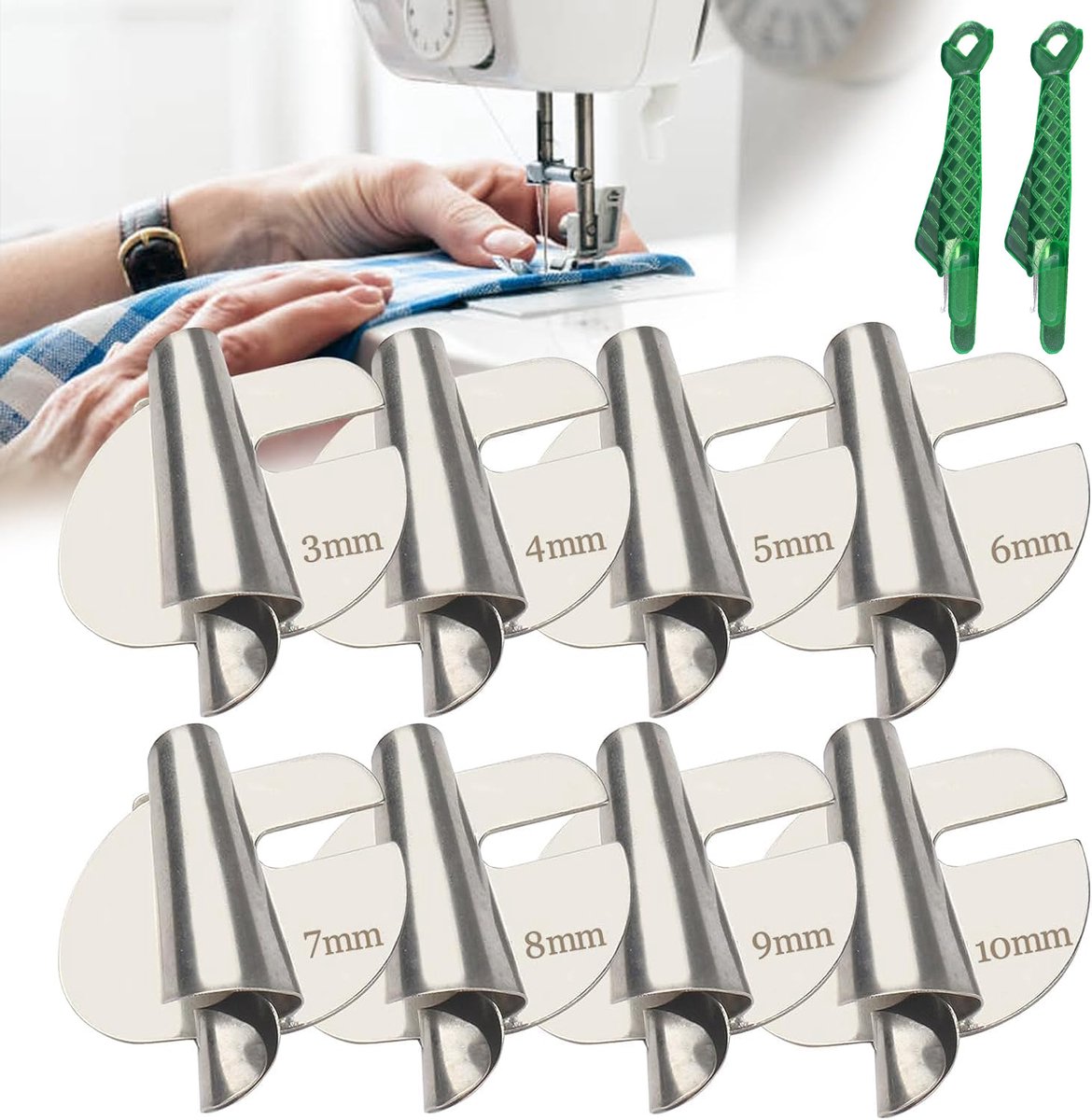 Naai Gerolde Zoomvoet - gerolde Zoom Persvoet 3-4-5-6-7-8-9-10mm - Home Industriële Gebogen Scroll Zoomvoeten - Inclusief twee kleine visvormige naaldinrijgers - groen en zilver - 10 stuks