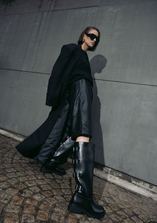 Sacha - Dames - Zwarte multi buckle biker boots met brede schacht - Maat 39