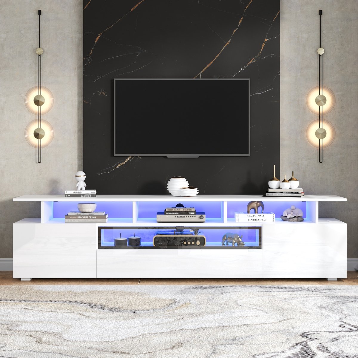 PHOEBE CAT TV-meubel - Hoogglans - Met lades - LED verlichting - Opbergplanken - Geschikt voor TV's van 75 inch - Wit
