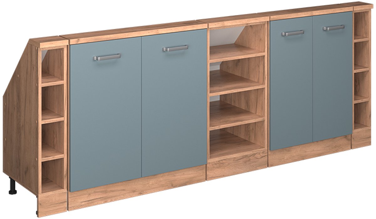 Vicco R-Line Keukenkast voor schuine wand – 210 cm Set van 5 Blauw-grijs/gouden eik Blauw-grijs/Goudkleurig Eiken