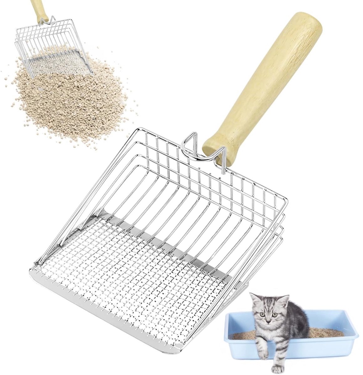 EXCITAT Kattenbakschep - Metalen kattenbakschep - 2-in-1 - Geschikt voor thuis, dierenwinkel en onderweg - Zilver