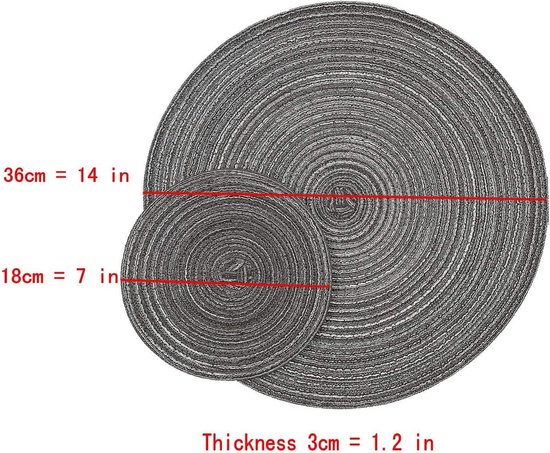 Set de 8 sets de table et dessous de verre ronds tressés gris, 4 grands sets de table ronds 36 cm et 4 petits dessous de verre 18 cm, décorations de table à manger intérieures et outdoor