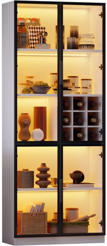 Vitrine Merax 80x35x200 cm, meuble Witte avec Portes Verres, Siècle des Lumières LED, bibliothèque et cave à vin avec 5 niveaux et Planches réglables