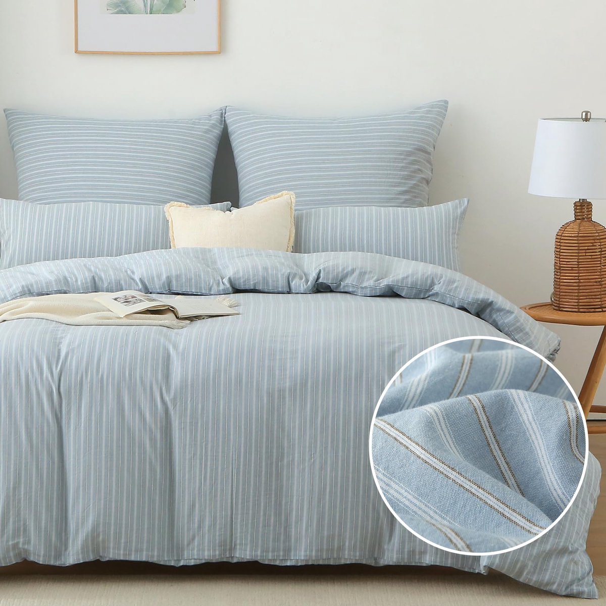 Ibenzoa Comfortabele katoenen beddengoedset met gestreept design en ritssluiting blauw