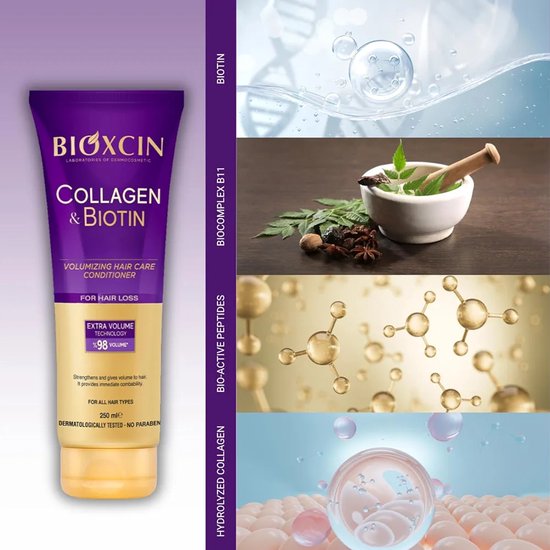 Paarse tube Bioxcin Collagen & Biotin conditioner. Collage, biotine, extra volume technologie en ingrediënten zoals een vijzel met kruiden. 250 ml.