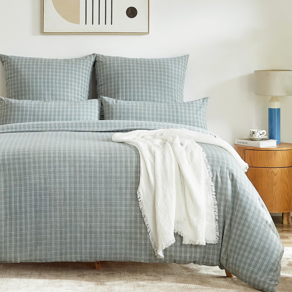 Ibenzoa Luxe Beddengoedset van Katoen met Grijs-Blauw Ruitpatroon en Kussensloop grijs en blauw rooster