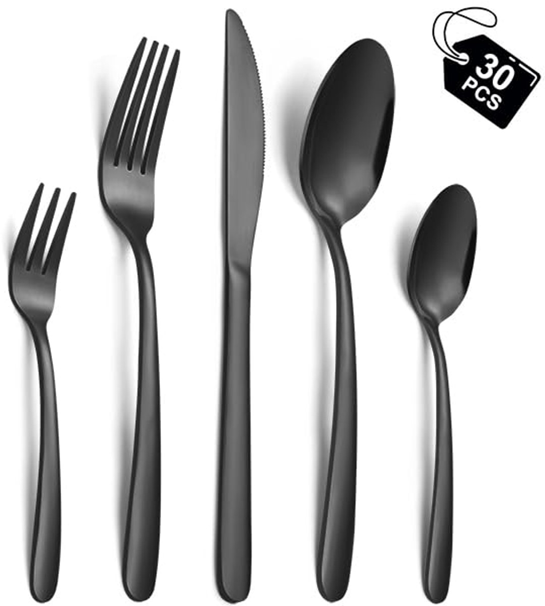 Ibenzoa® Elegante 30-delige zwarte bestekset voor 6 personen met roestvrij staal