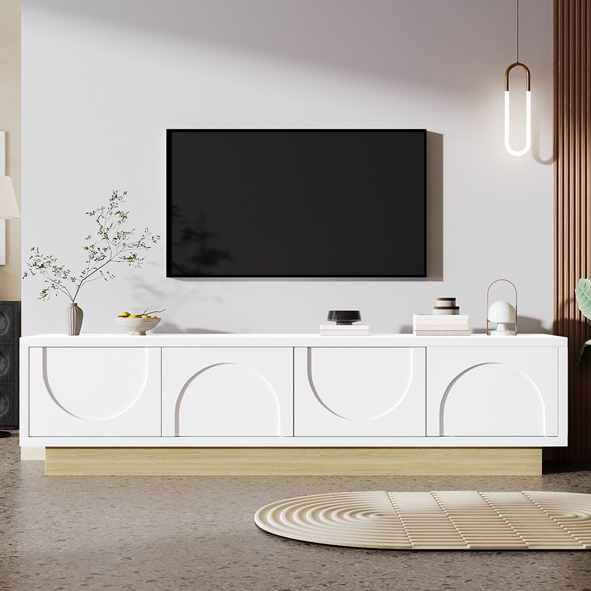 KOMHTOM BLACKCOLORS Moderne witte tv-meubel met houtnerf – 175 cm – minimalistisch en gebogen design – voldoende opbergruimte en kabelbeheer Wit+Hout