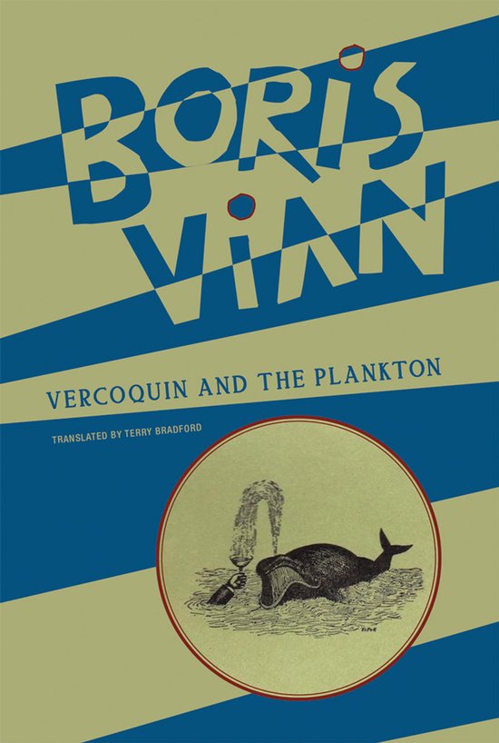 Boek 'Vercoquin and the Plankton' met blauwe en beige strepen en een illustratie van een walvis.