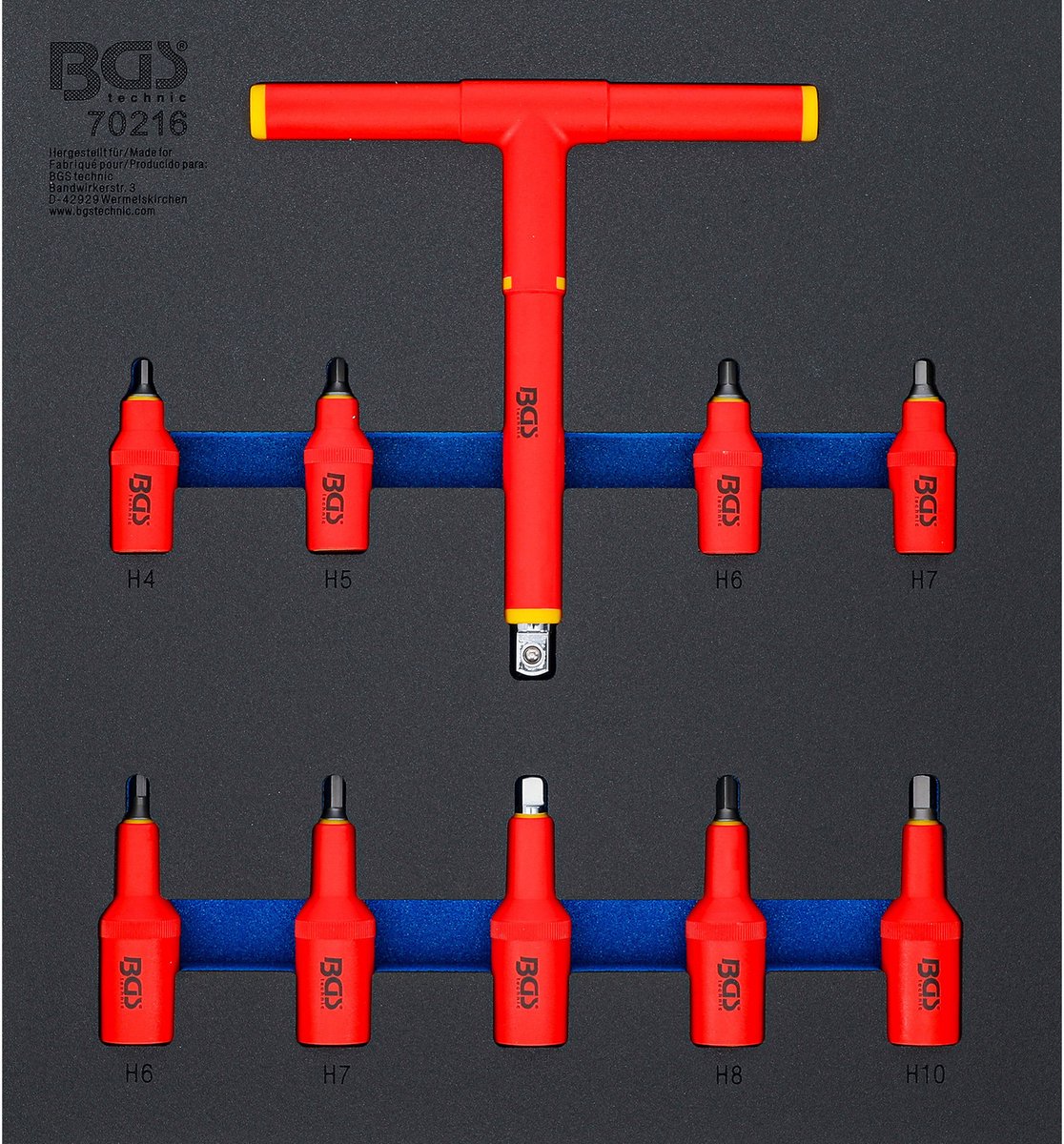 BGS Werkplaatswageninleg 2/3: VDE-bit-dopsleutelset aandrijving binnenvierkant 10 mm (3/8") / 12,5 mm (1/2") binnenzeskant 4 - 10 mm 10-delig - 70216