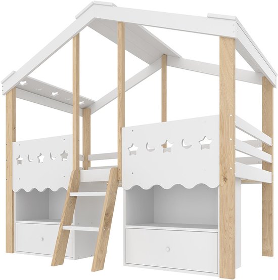 Lit Enfant 90x200cm, Lit Cabane, Compartiment De Rangement Pour Tête De Lit, Barrière De