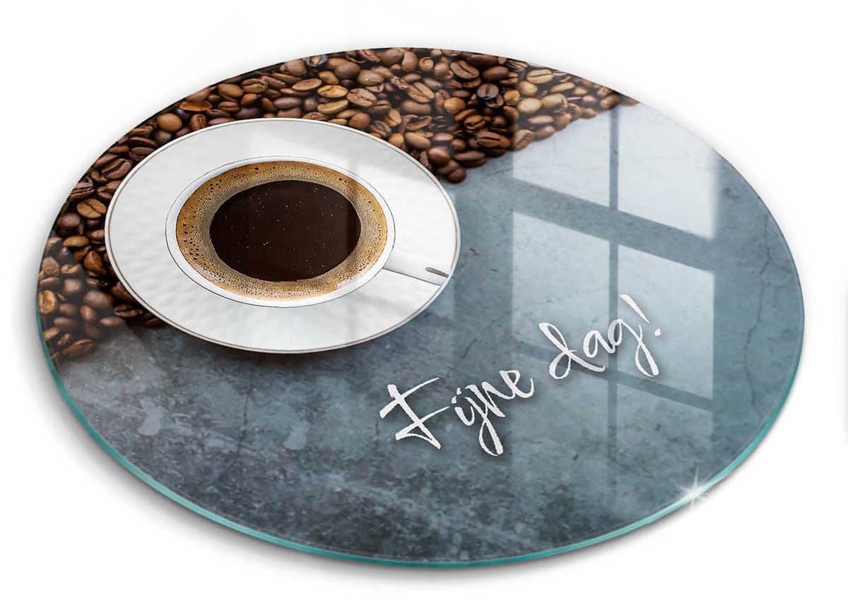 Wallfluent Glazen Snijplanken - Kopje koffie, Fijne dag! Snijplanken Glas - fi30 cm - Grijs Snijplanken van Glas - Glazen Snijplank - Hygiënische Snijplank van Glas - Antislip Hakplank van Glas