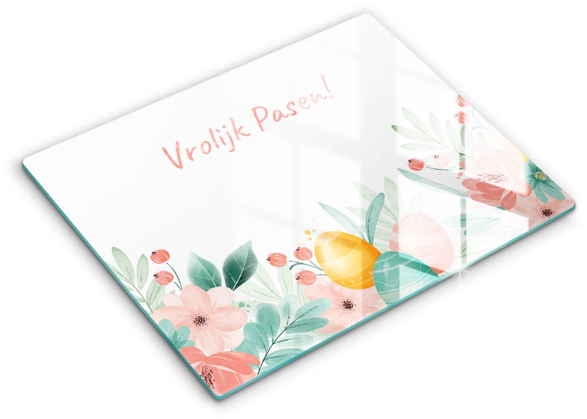 Wallfluent Glazen Snijplanken - Vrolijk Pasen! Snijplanken Glas - 40 cm x 52 cm - Veelkleurig Snijplanken van Glas - Glazen Keukenplank - Snijplank van Glas met Print - Antislip Keuken Snijplank Glas
