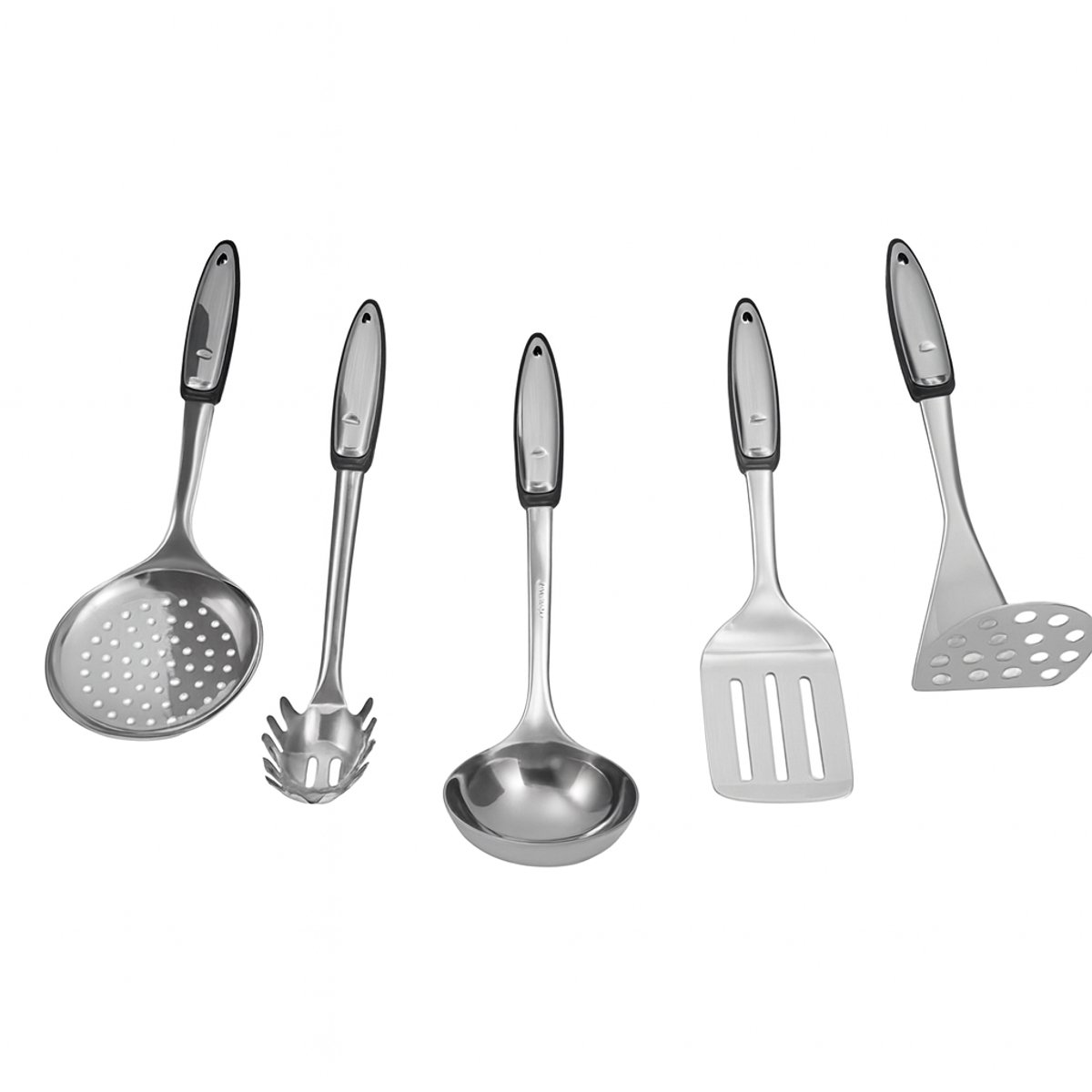 RVS keukengerei set 5-delig - kookgerei set - roestvrij staal - vaatwasserbestendig - ergonomische handgrepen - geschikt voor anti-aanbaklaag - ophangbaar - soeplepel, afgietlepel, spaghettilepel, garde en pureestamper