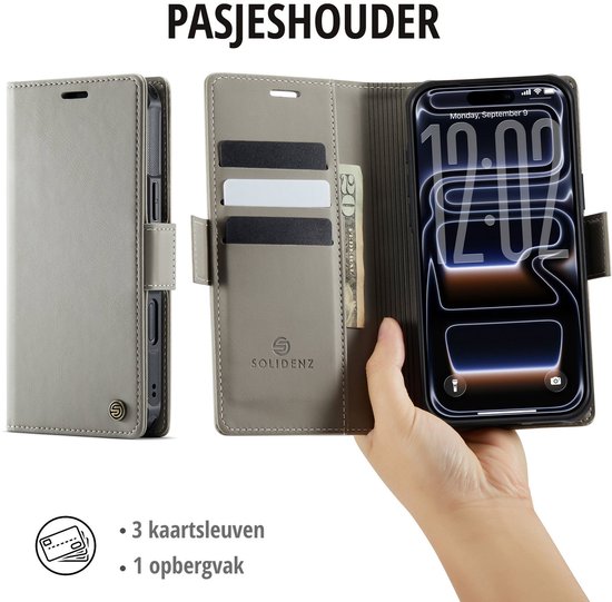 Lichtgrijs portemonnee hoesje met afneembare beige hoes, kaartvakken en MagSafe-oplader.