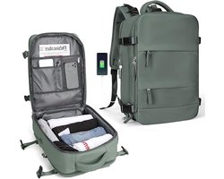 Rugzak voor backpacken, grote reistas voor dames en heren, handbagage, waterdichte outdoorrugzak voor 14 inch laptop met USB-oplaadpoort, schoenenvak - donkergroen