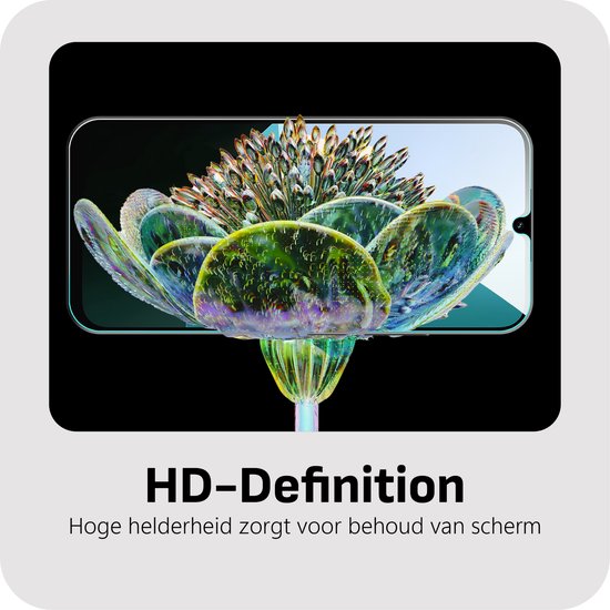 Telefoon met een kleurrijke, abstracte bloem op het scherm. 'HD-Definition, Hoge helderheid'.