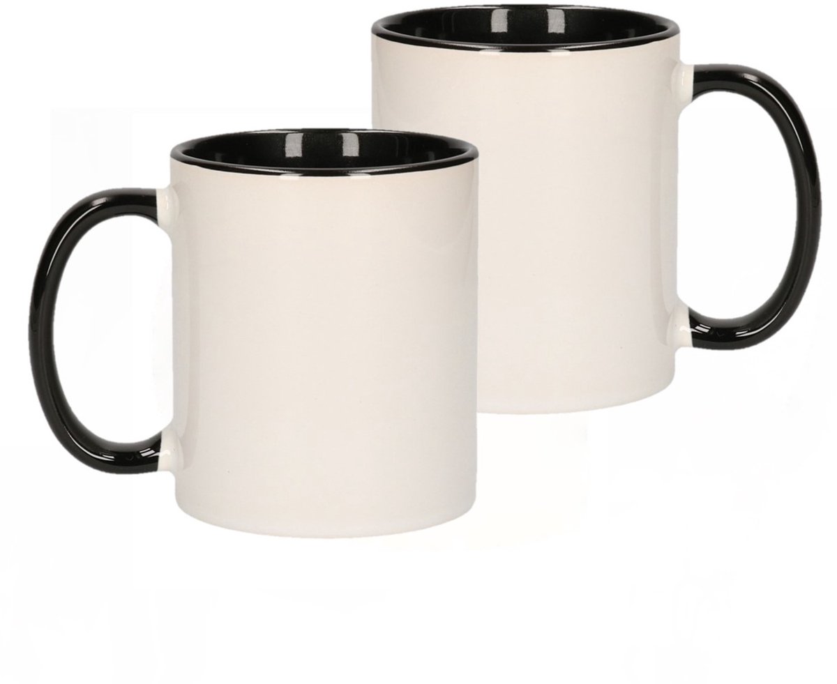 Koffiemok / thee beker - 10x stuks - 300 ml - Wit/zwart - Cadeau mokken - keramiek